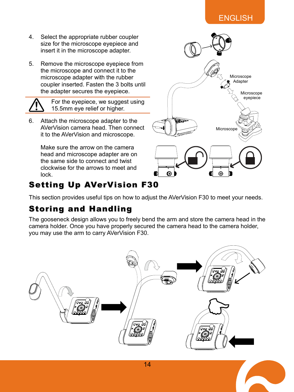 Setting up avervision f30, Storing and handling | AVer F30 user manual User Manual | Page 18 / 43