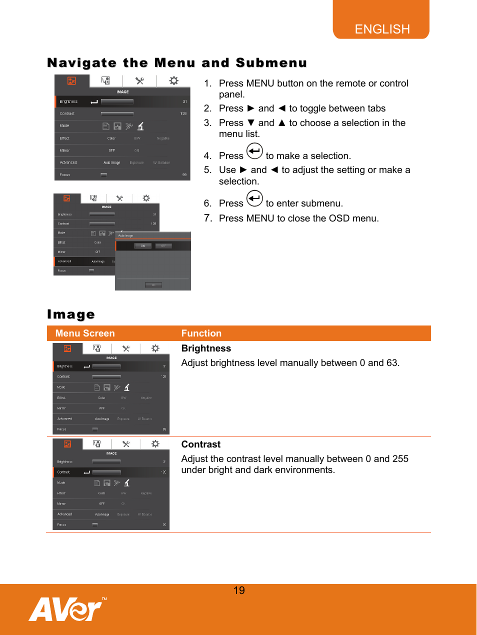 Navigate the menu and submenu, Image, 46bbrightness | 47bcontrast, Brightness, Contrast | AVer F30 user manual User Manual | Page 23 / 43
