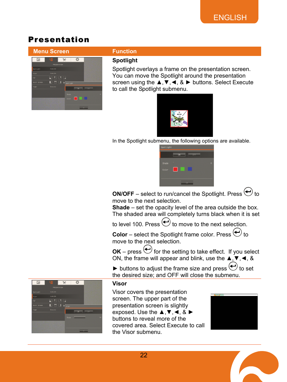 Presentation, 60bvisor, Spotlight | Visor | AVer F30 user manual User Manual | Page 26 / 43