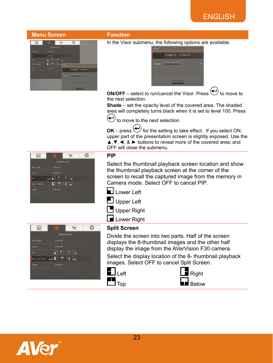 62bpip, 63bsplit screen, Split screen | English | AVer F30 user manual User Manual | Page 27 / 43