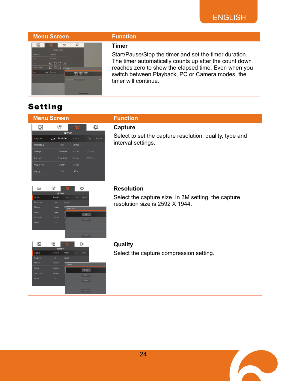 51beffect, 64btimer, Setting | 48bcapture, 66bresolution, 67bquality, Timer, Capture, Resolution, Quality | AVer F30 user manual User Manual | Page 28 / 43