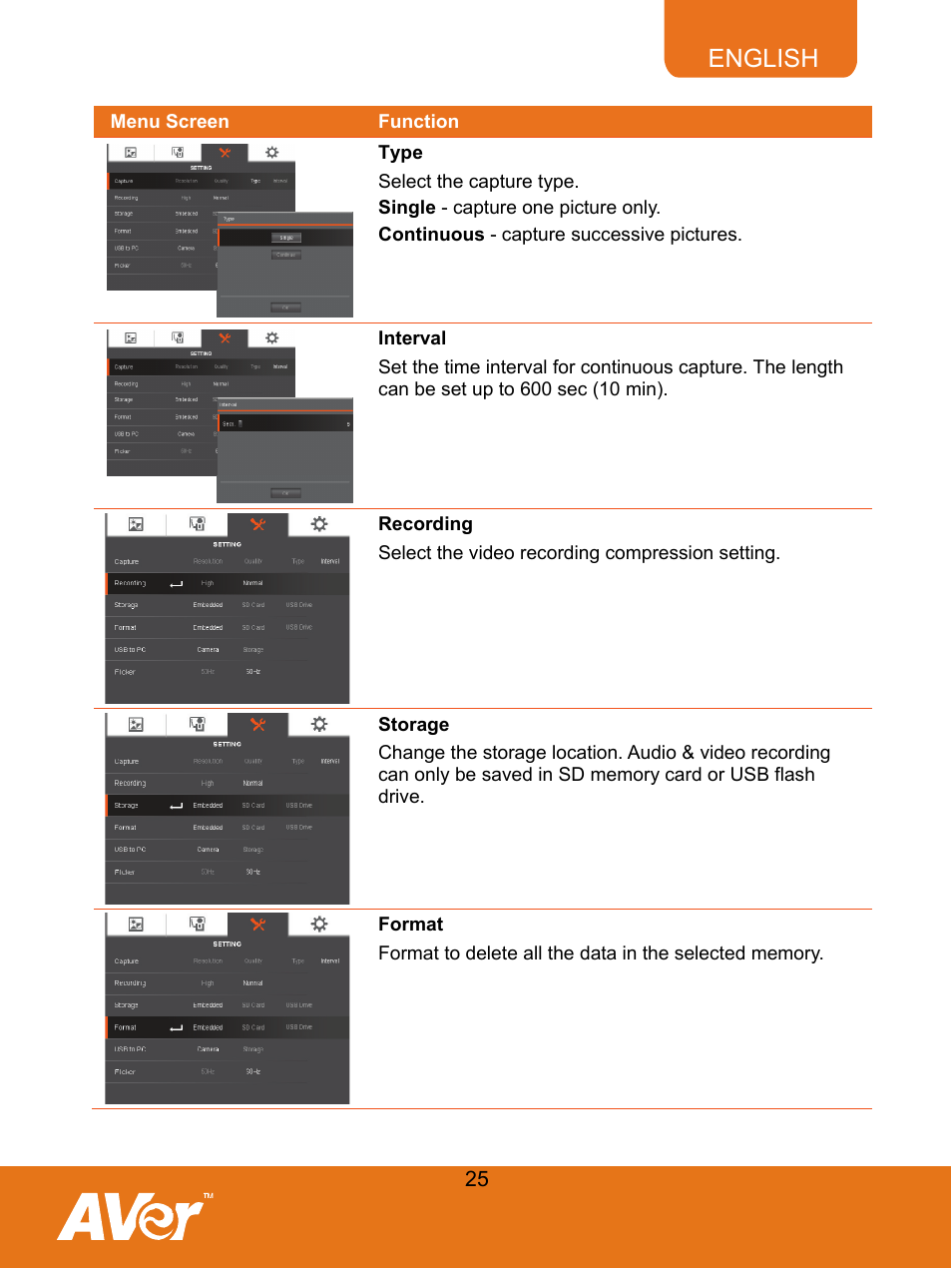 68btype, 69binterval, 71brecording | 72bstorage, 73bformat, Type, Interval, Recording, Storage, Format | AVer F30 user manual User Manual | Page 29 / 43