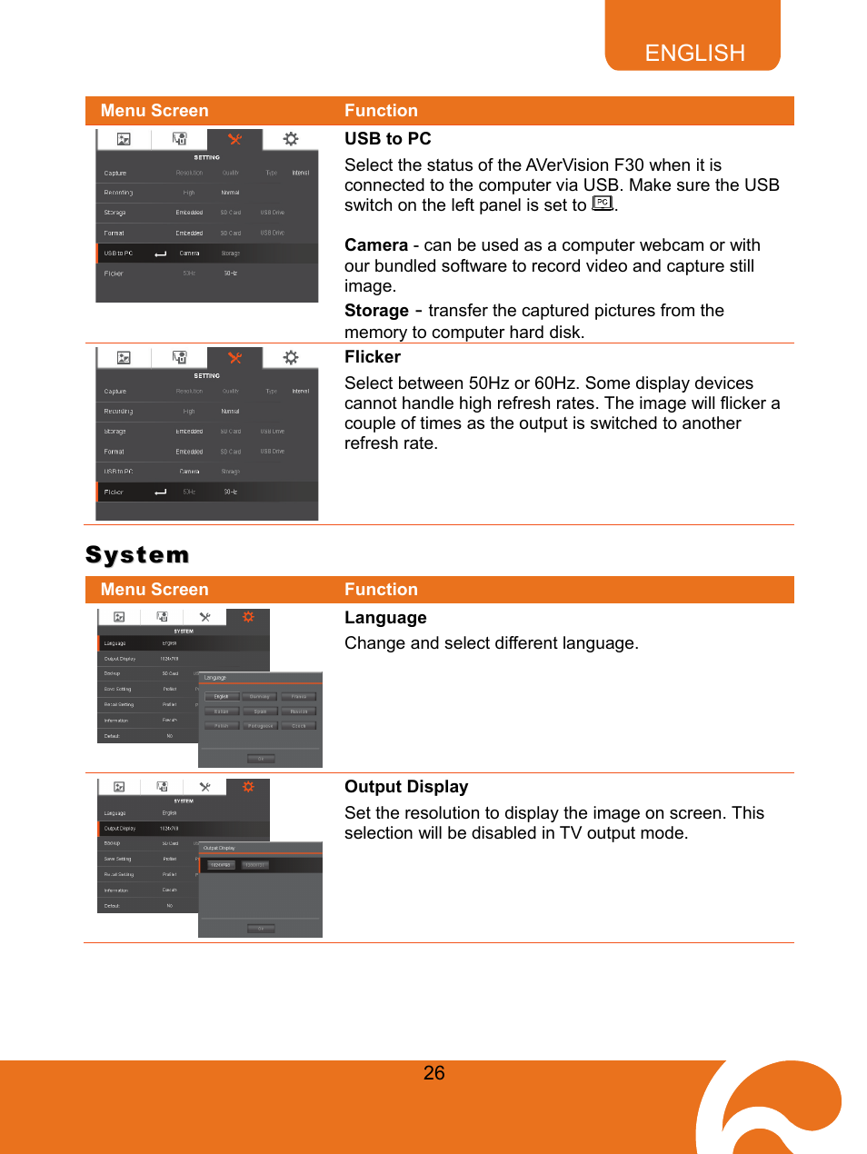 57bspotlight, 76busb to pc, 55bflicker | System, 74blanguage, 75boutput display, Usb to pc, Flicker, Language, Output display | AVer F30 user manual User Manual | Page 30 / 43