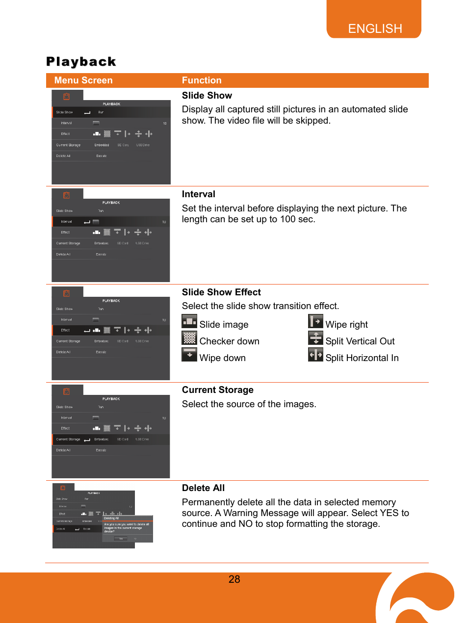 Playback, 81bslide show, Interval | 83bslide show effect, 84bcurrent storage, 85bdelete all, Slide show, Slide show effect, Current storage, Delete all | AVer F30 user manual User Manual | Page 32 / 43