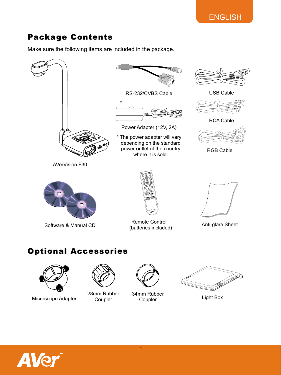 Package contents, Optional accessories | AVer F30 user manual User Manual | Page 5 / 43