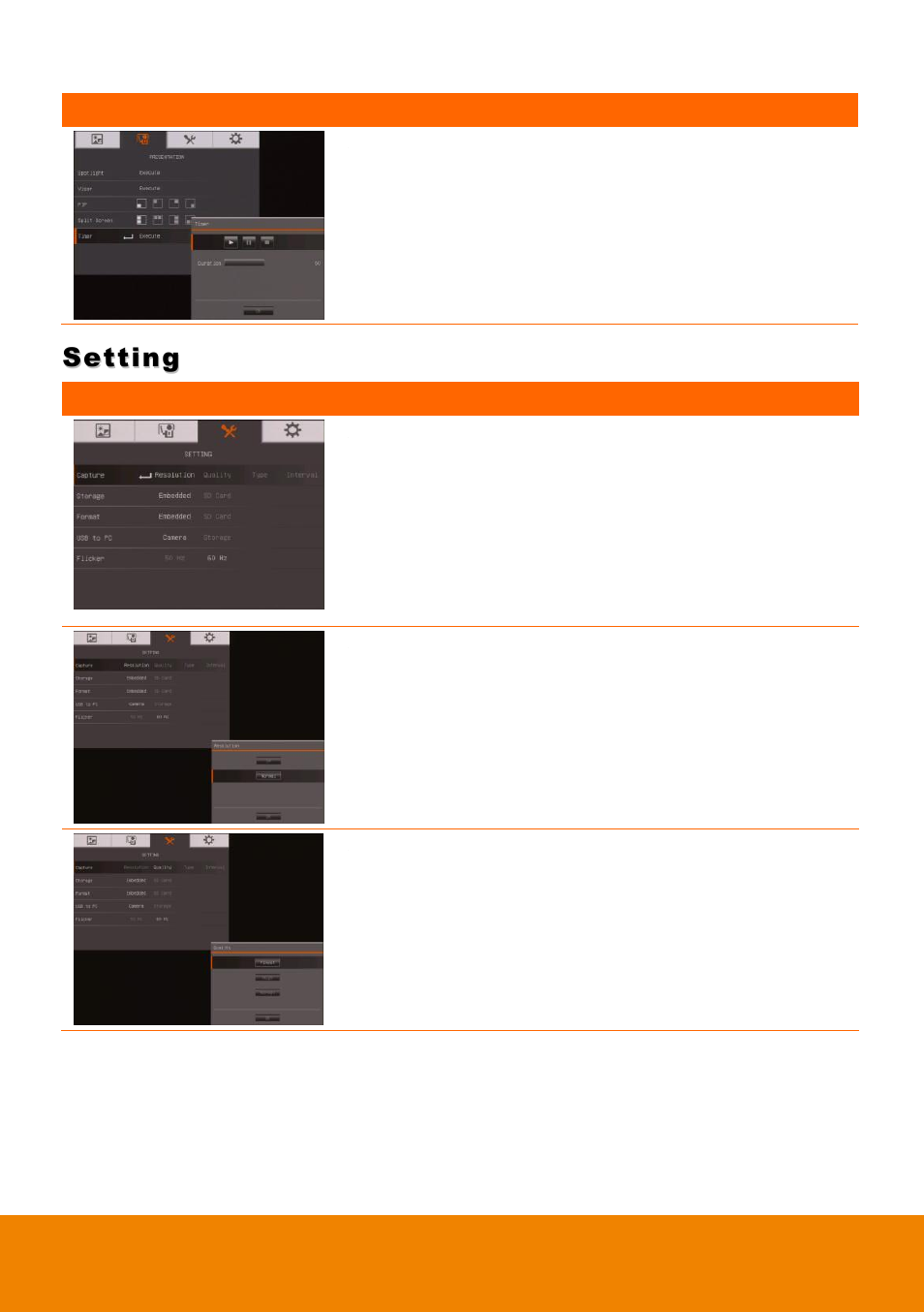 Setting, Timer, Capture | Resolution, Quality | AVer F17HD+ User Manual | Page 31 / 40