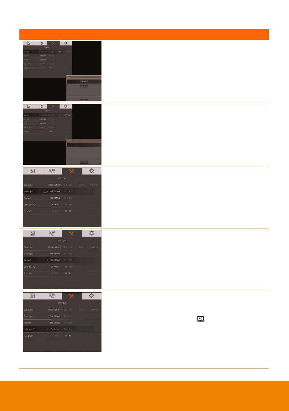 Type, Interval, Storage | Format, Usb to pc | AVer F17HD+ User Manual | Page 32 / 40