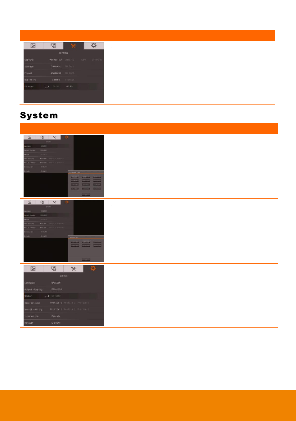 System, Flicker, Language | Output display, Backup | AVer F17HD+ User Manual | Page 33 / 40