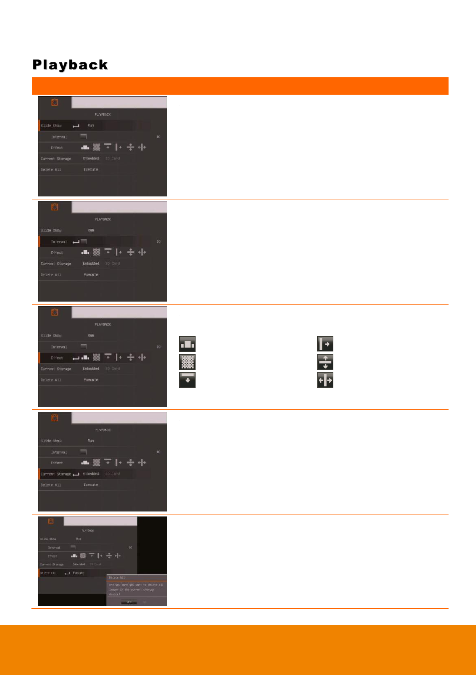 Playback, Transfer captured images/videos to a computer, Slide show | Interval, Slide show effect, Current storage, Delete all | AVer F17HD+ User Manual | Page 35 / 40