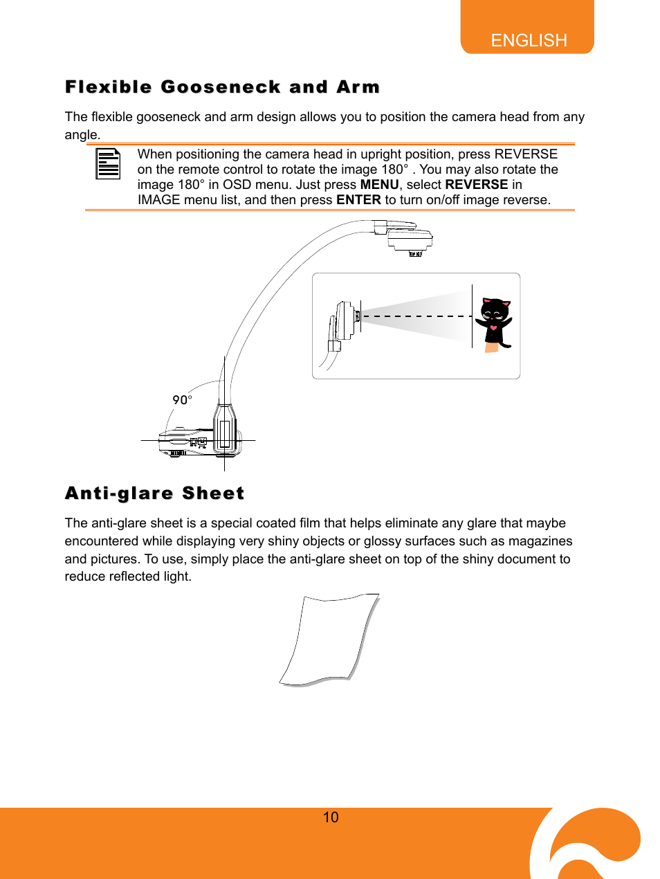 Flexible gooseneck and arm, Anti-glare sheet | AVer CP135 user manual User Manual | Page 13 / 27