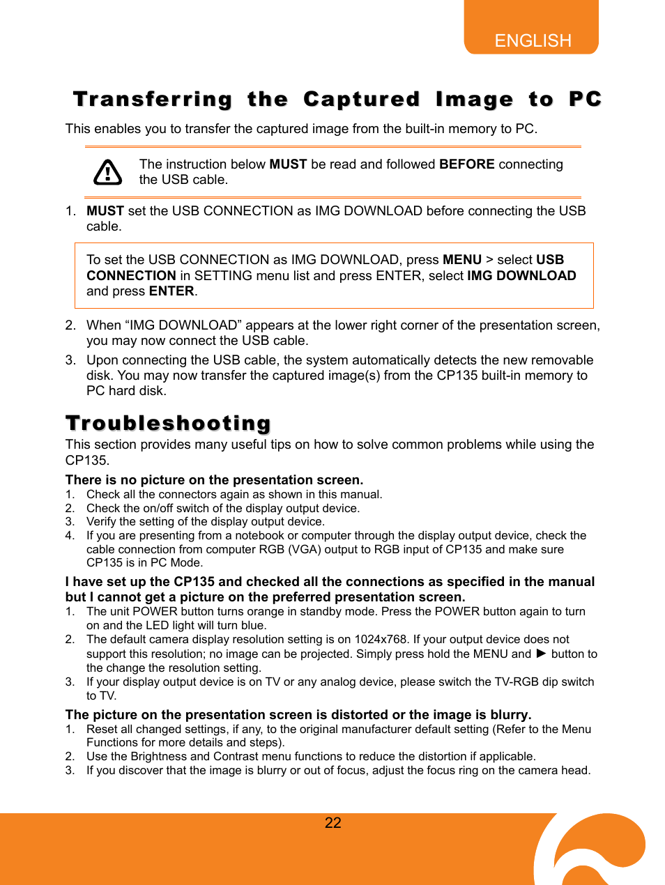 Transferring the captured image to pc, Troubleshooting | AVer CP135 user manual User Manual | Page 25 / 27