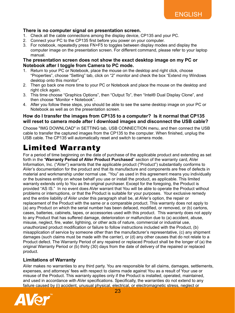 Limited warranty | AVer CP135 user manual User Manual | Page 26 / 27