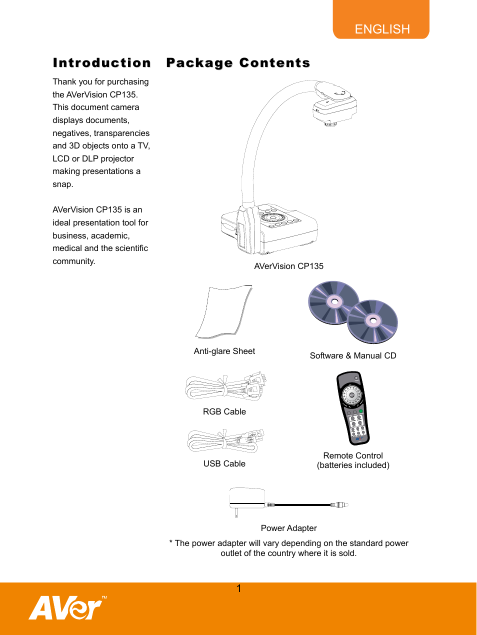 Introduction, Package contents | AVer CP135 user manual User Manual | Page 4 / 27