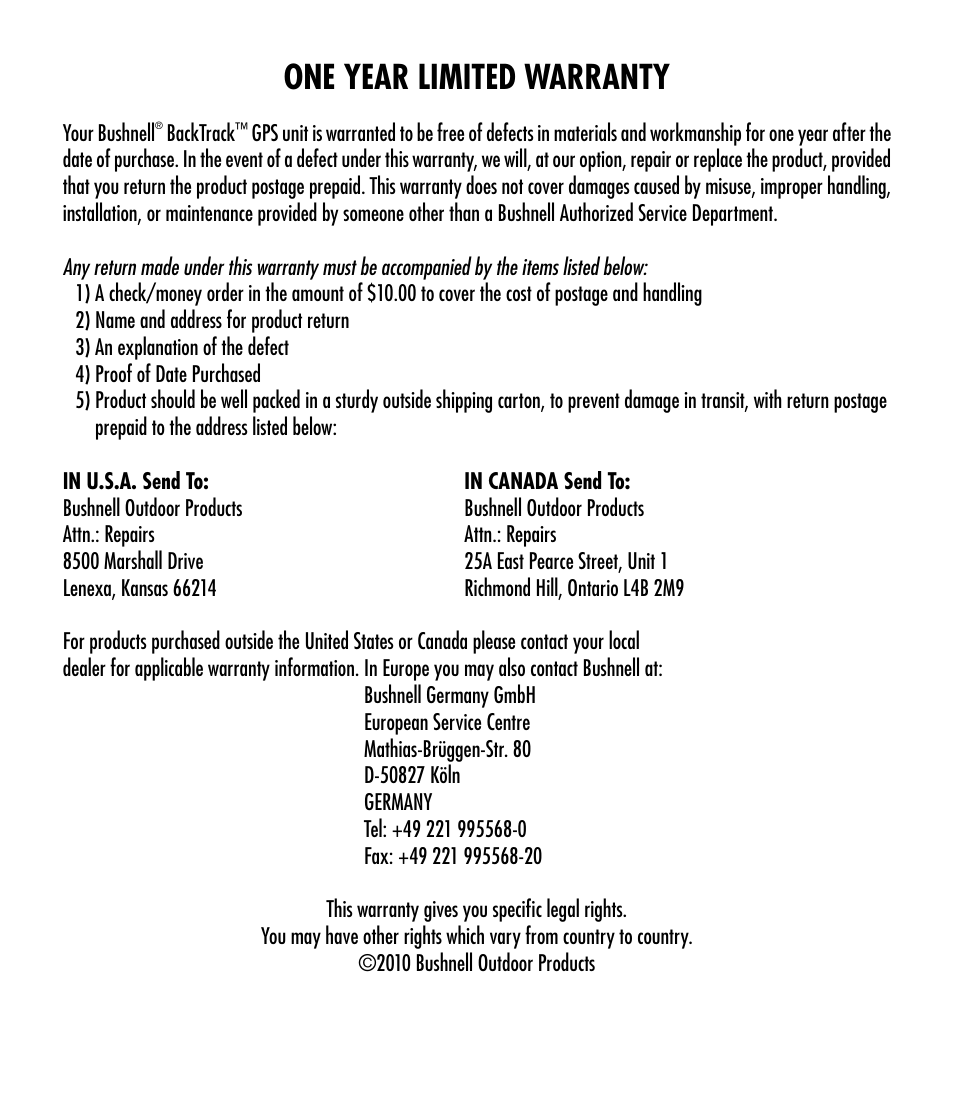 One year limited warranty | Bushnell 360100 User Manual | Page 11 / 12
