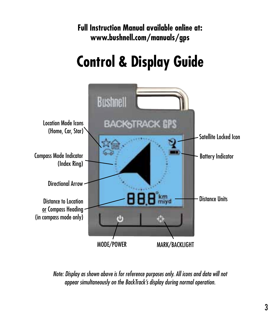 Control & display guide | Bushnell 360100 User Manual | Page 3 / 12