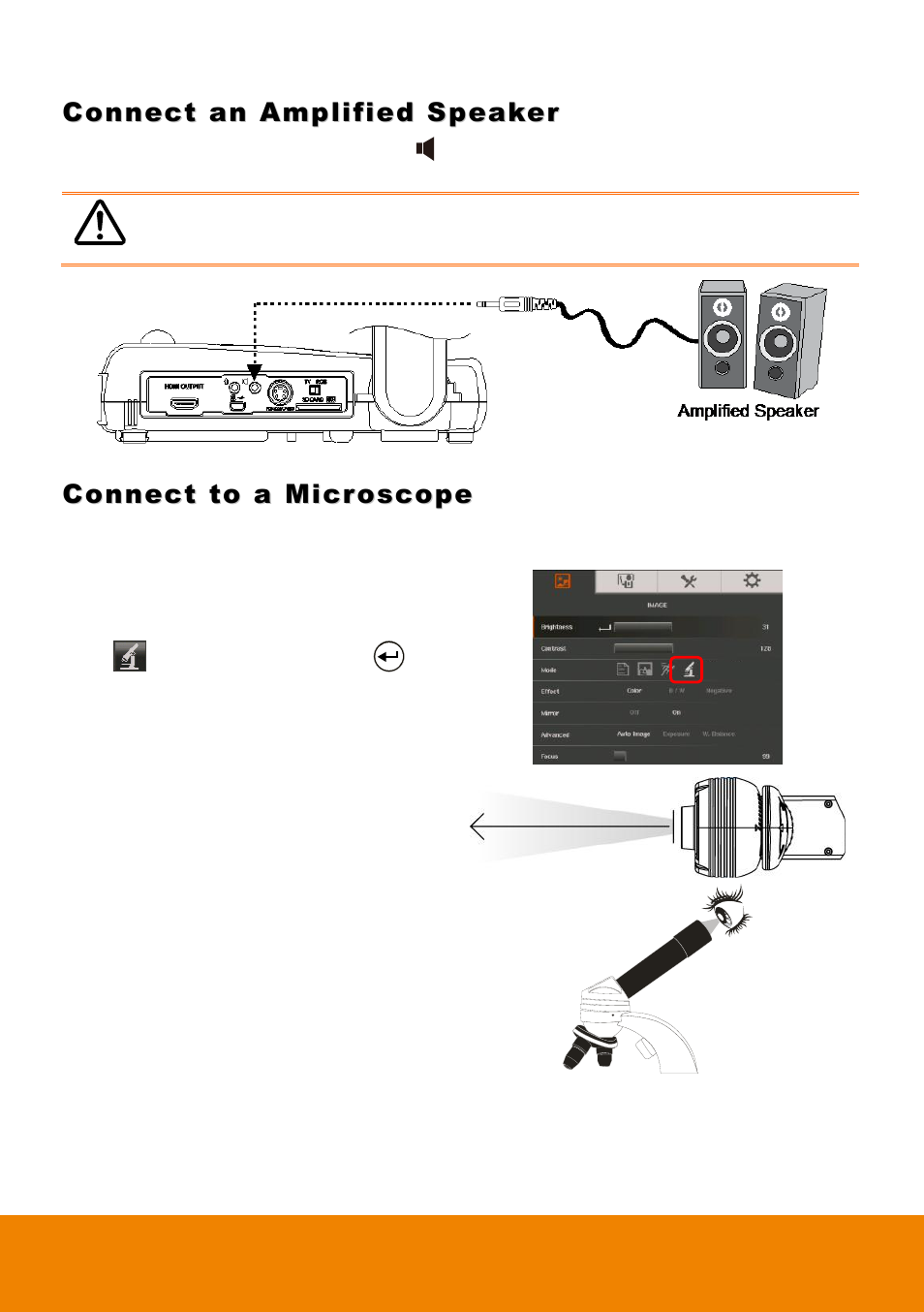 Connect an amplified speaker, Connect to a microscope | AVer 315AF user manual User Manual | Page 18 / 48