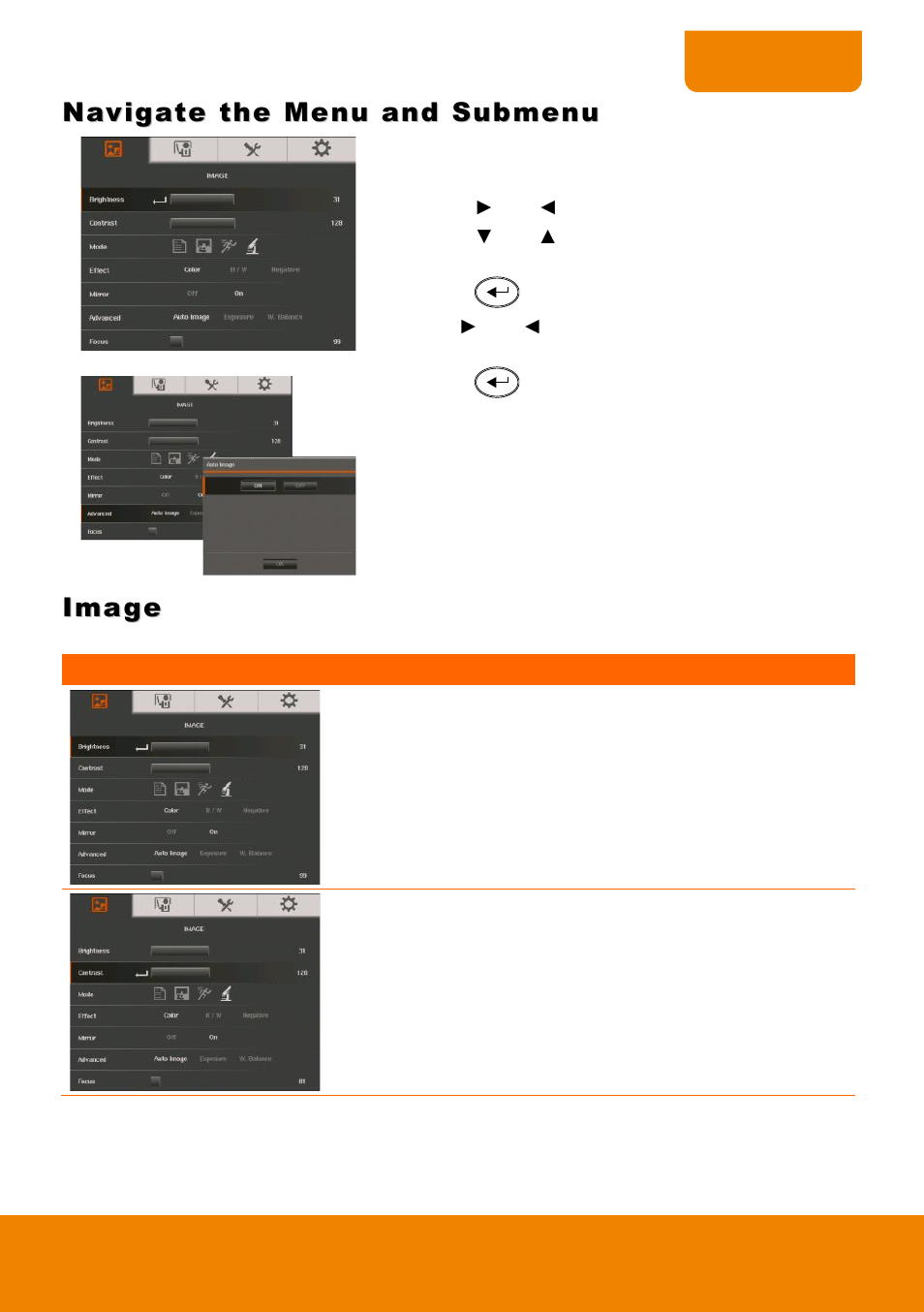 Navigate the menu and submenu, Image, Brightness | Contrast | AVer 315AF user manual User Manual | Page 25 / 48