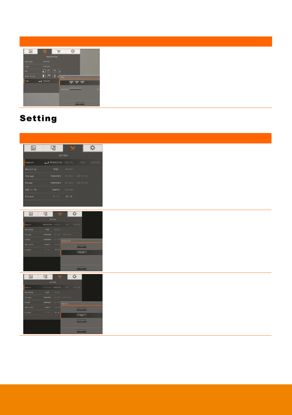 Setting, Timer, Capture | Resolution, Quality | AVer 315AF user manual User Manual | Page 30 / 48