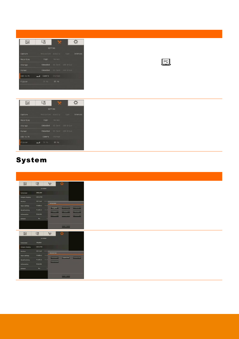 System, Usb to pc, Flicker | Language, Output display | AVer 315AF user manual User Manual | Page 32 / 48