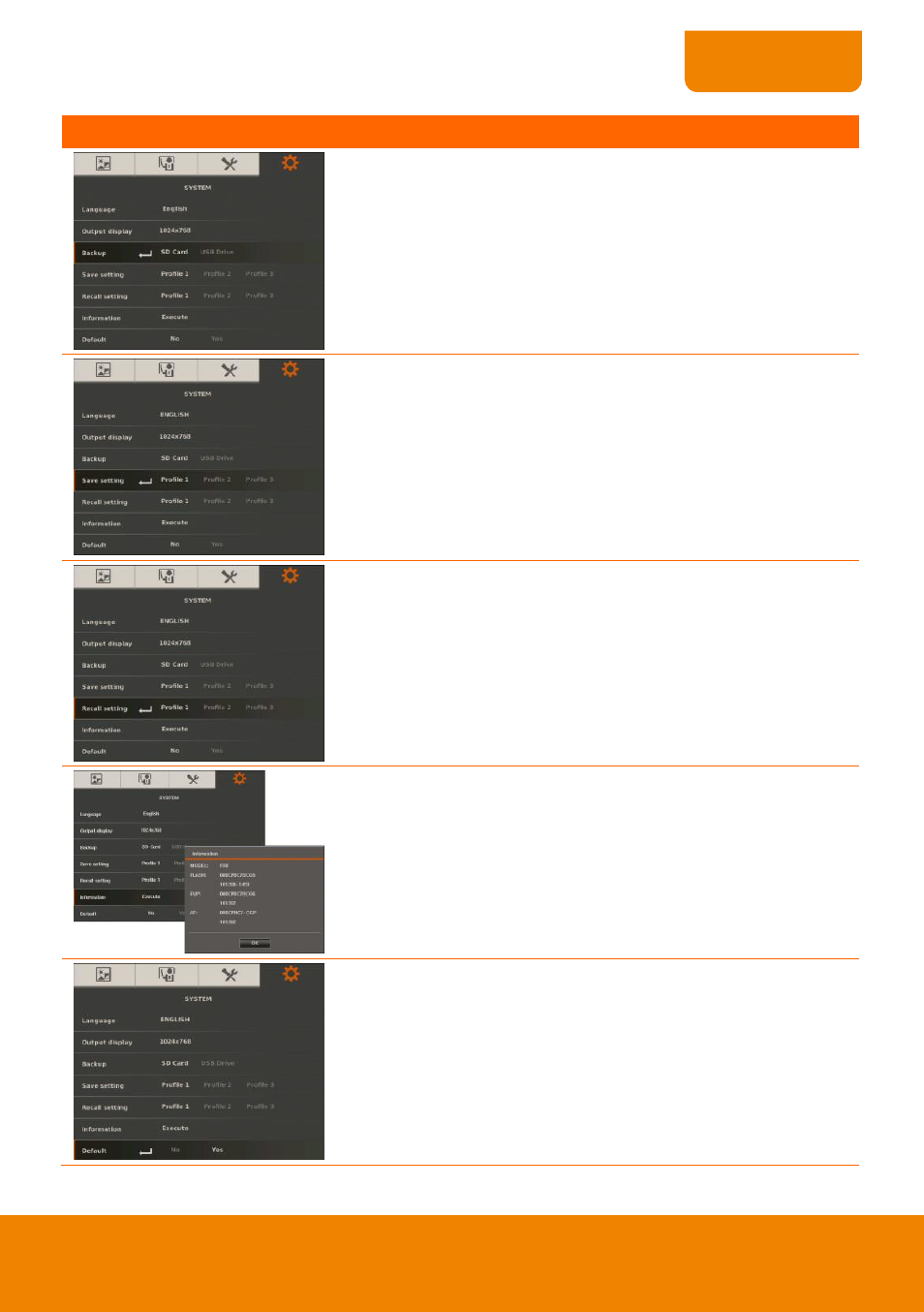 Backup, Save setting, Recall setting | Information, Default | AVer 315AF user manual User Manual | Page 33 / 48