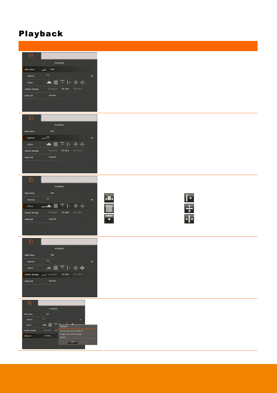 Playback, Slide show, Interval | Slide show effect, Current storage, Delete all | AVer 315AF user manual User Manual | Page 34 / 48