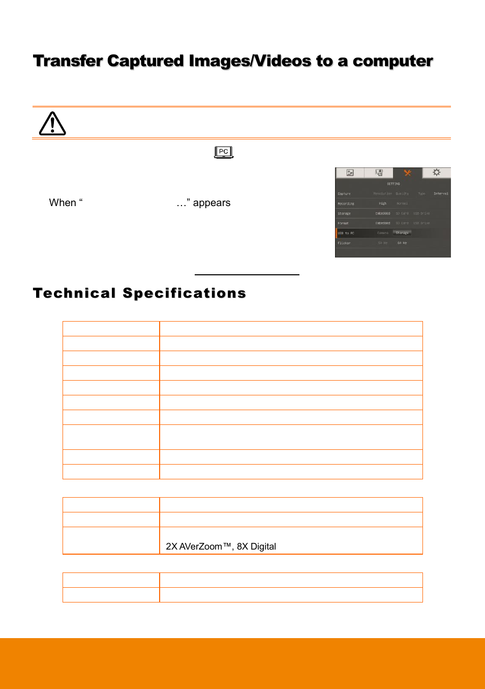 Transfer captured images/videos to a computer, Technical specifications, Image | Optics, Power | AVer 315AF user manual User Manual | Page 36 / 48