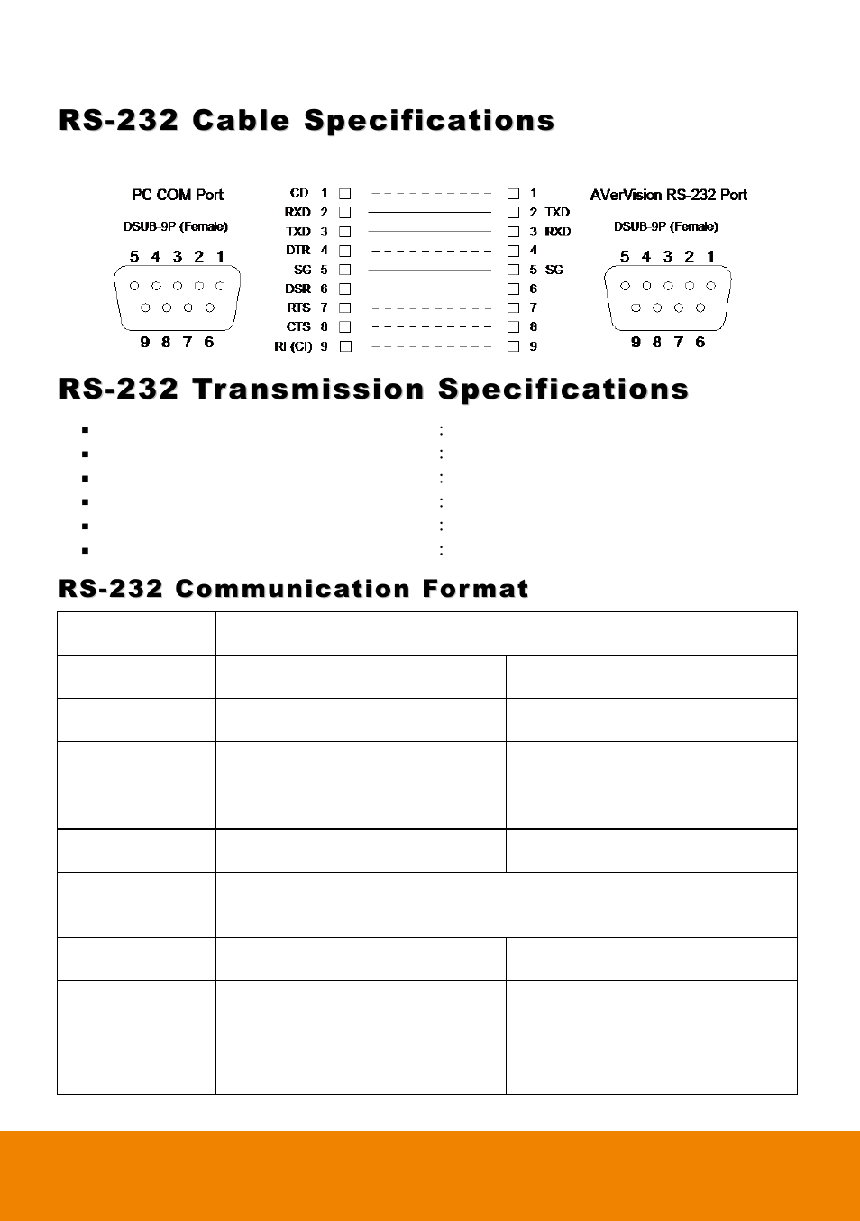 Rs-232 cable specifications, Rs-232 transmission specifications, Rs-232 communication format | AVer 315AF user manual User Manual | Page 38 / 48