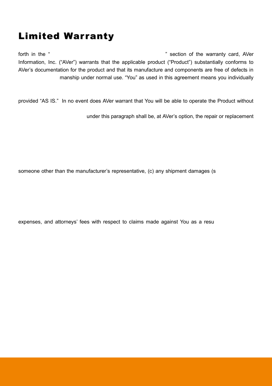 Limited warranty, Limitations of warranty, Disclaimer of warranty | AVer 315AF user manual User Manual | Page 47 / 48