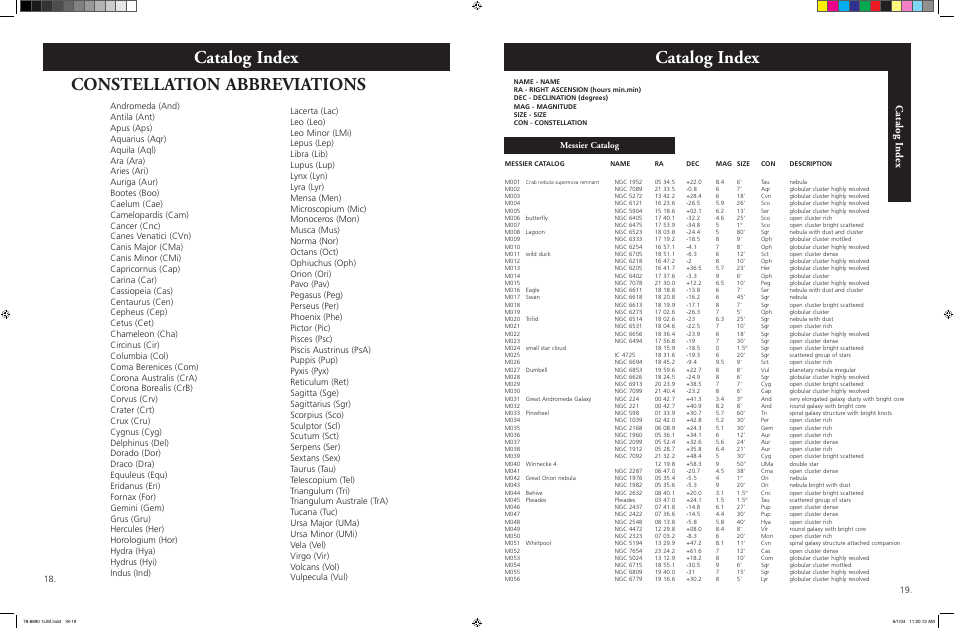 Constellation abbreviations catalog index, Catalog index, Messier catalog | Bushnell NORTHSTAR GOTO 78-8890 User Manual | Page 10 / 18