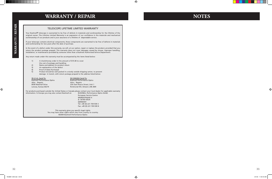 Warranty / repair, Warrant y / rep air, Telescope lifetime limited warranty | Bushnell NORTHSTAR GOTO 78-8890 User Manual | Page 17 / 18