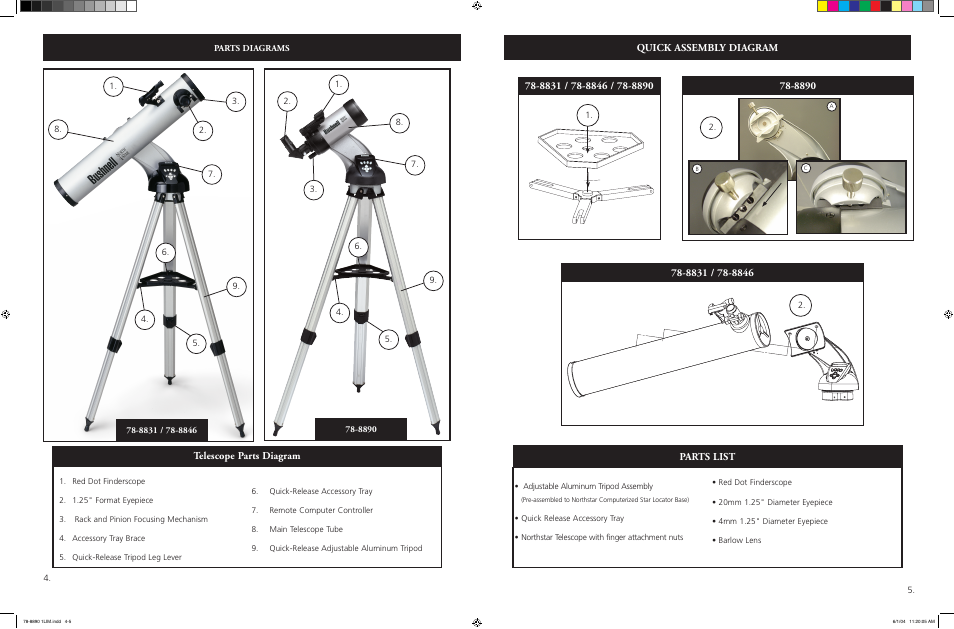Parts list quick assembly diagram, Telescope parts diagram | Bushnell NORTHSTAR GOTO 78-8890 User Manual | Page 3 / 18
