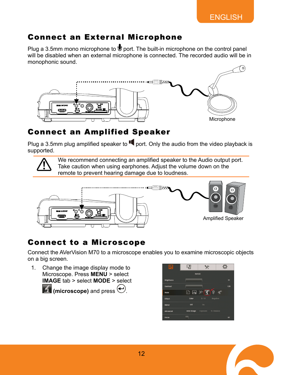 Connect an external microphone, Connect an amplified speaker, Connect to a microscope | AVer M70 User Manual | Page 17 / 45