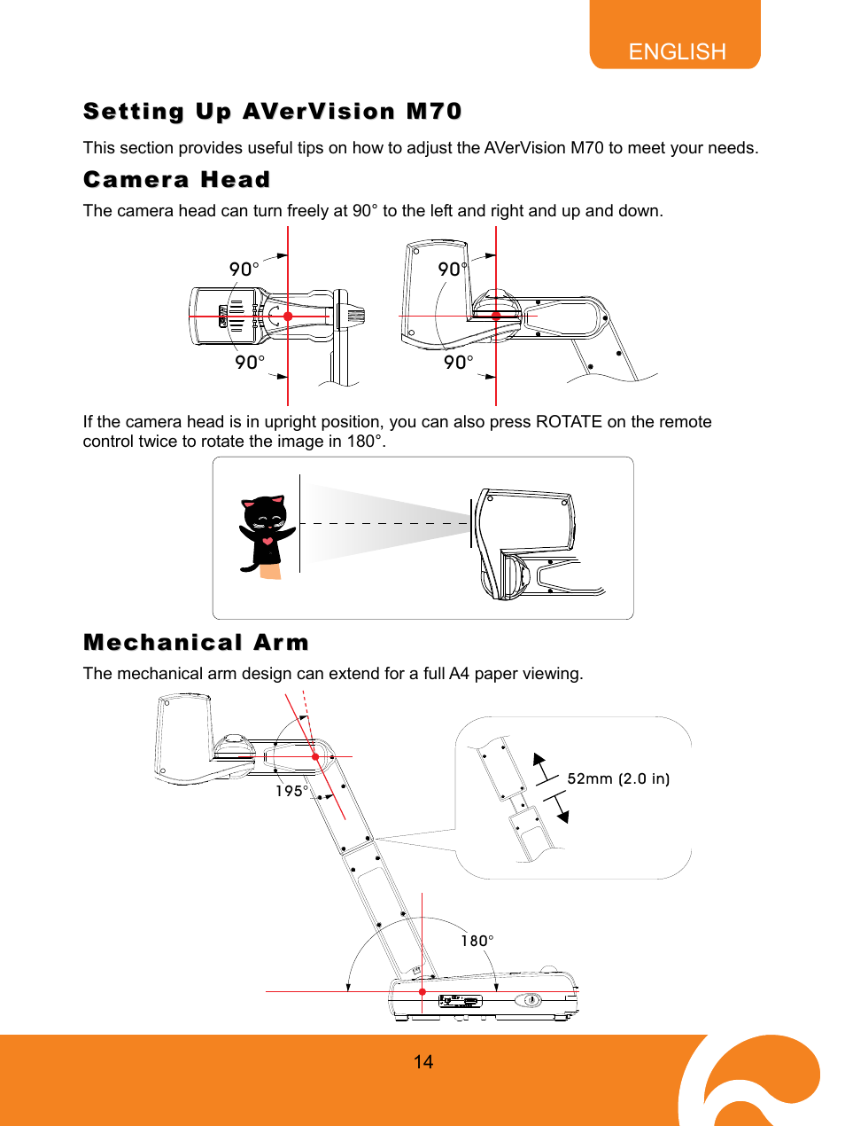 Setting up avervision m70, Camera head, Mechanical arm | AVer M70 User Manual | Page 19 / 45