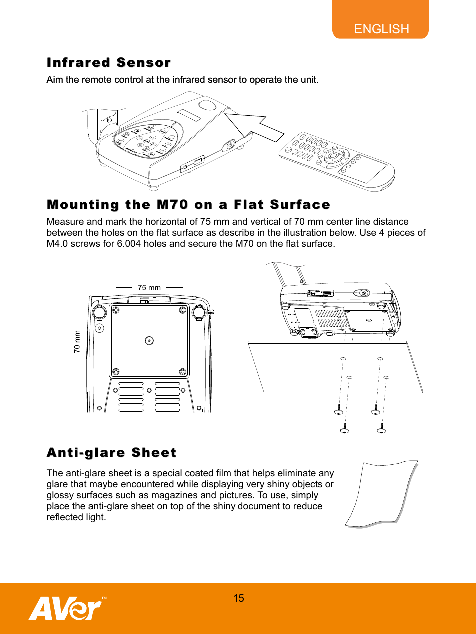 Infrared sensor, Mounting the m70 on a flat surface, Anti-glare sheet | AVer M70 User Manual | Page 20 / 45