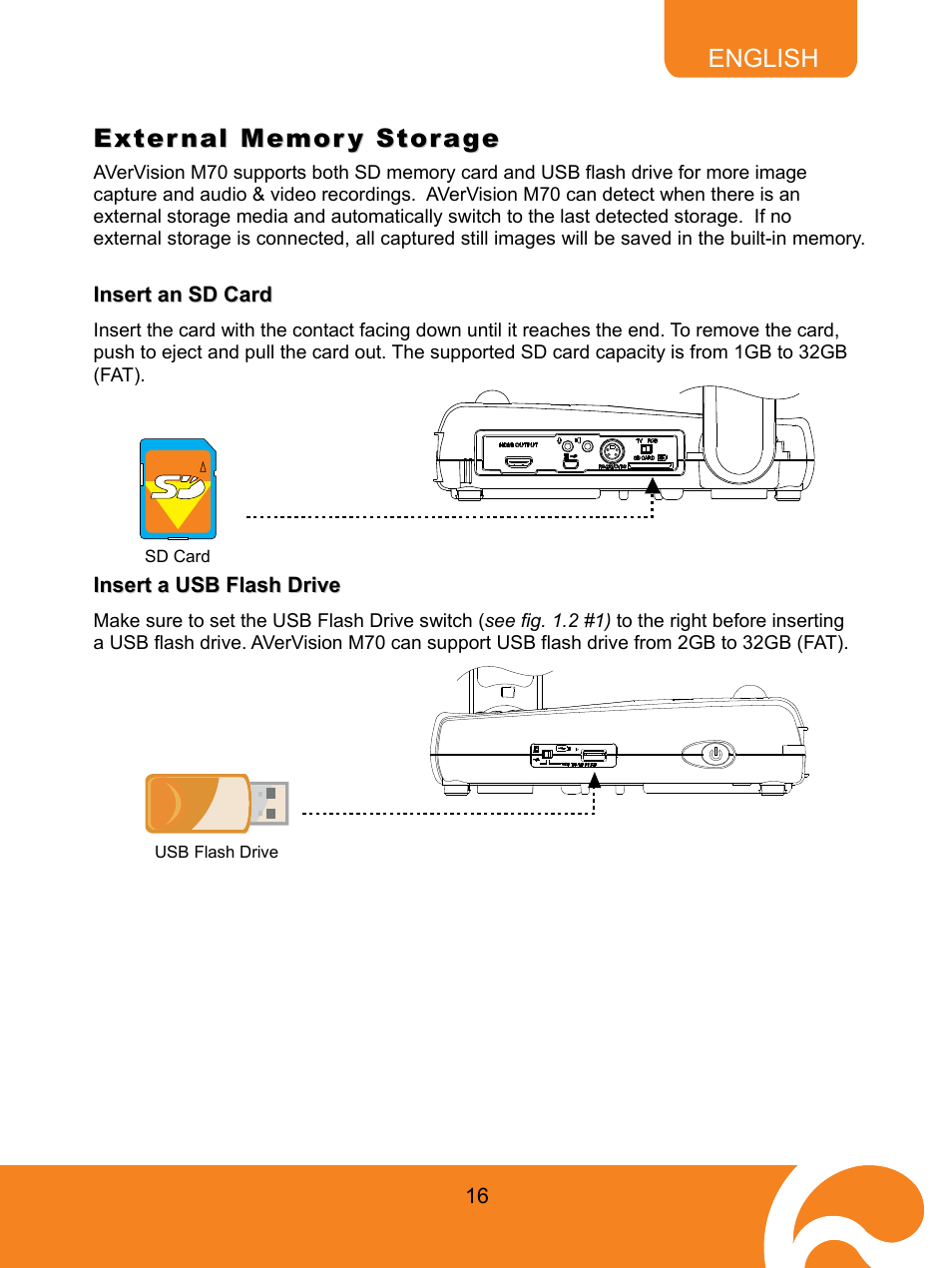 External memory storage, Insert, Card | Insert an sd card, Flash, Drive, Insert a usb flash drive | AVer M70 User Manual | Page 21 / 45