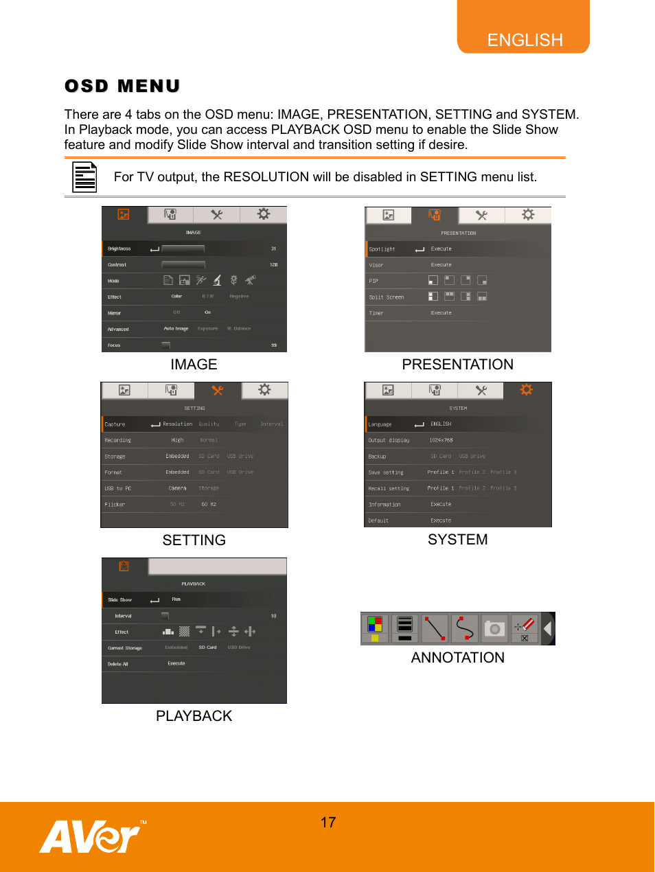 Osd menu | AVer M70 User Manual | Page 22 / 45