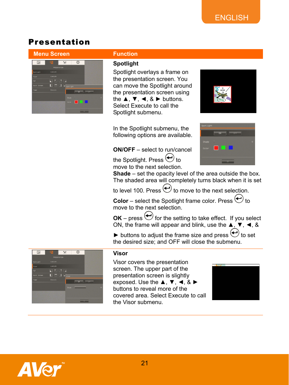 Presentation, Spotlight, Visor | English | AVer M70 User Manual | Page 26 / 45