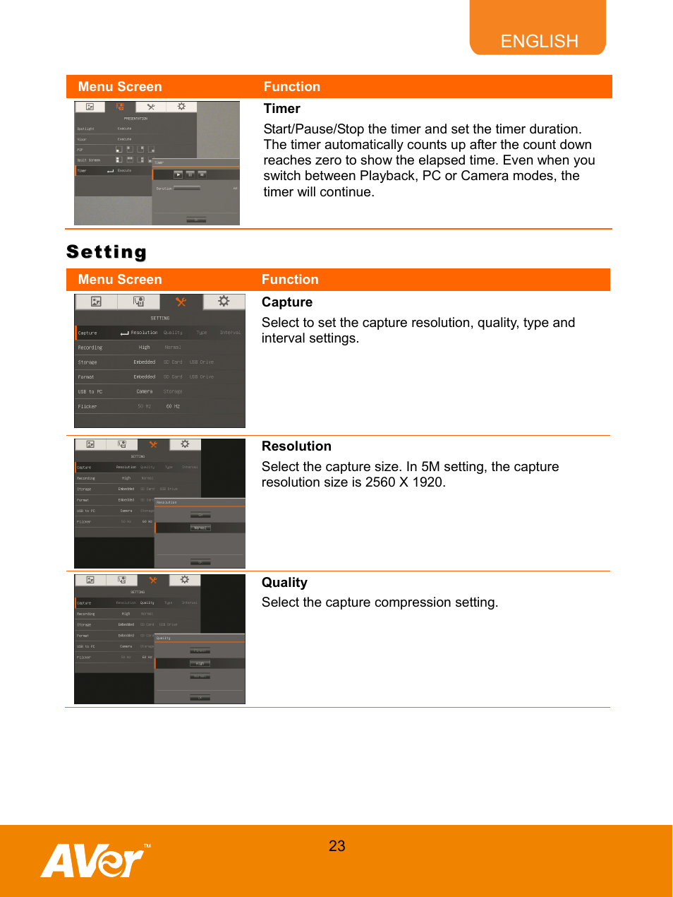 Timer, Setting, Capture | Resolution, Quality | AVer M70 User Manual | Page 28 / 45