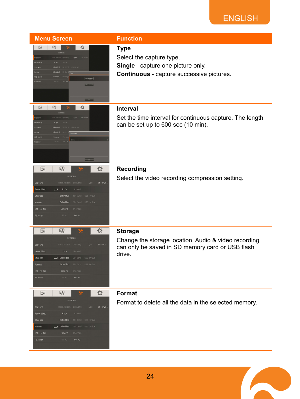 Type, Interval, Recording | Storage, Format, English | AVer M70 User Manual | Page 29 / 45