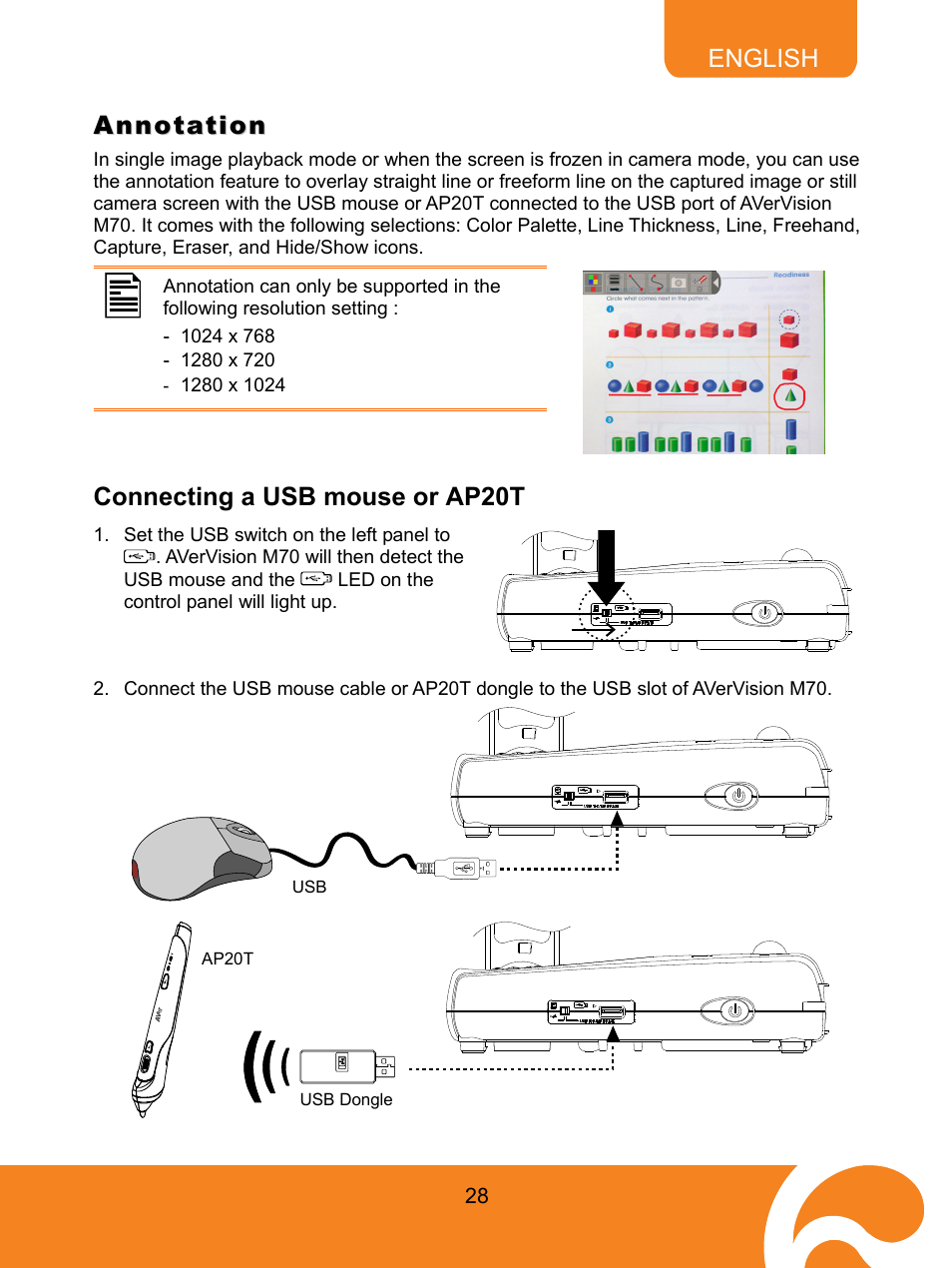 Annotation, Connecting a usb mouse or ap20t, English | AVer M70 User Manual | Page 33 / 45