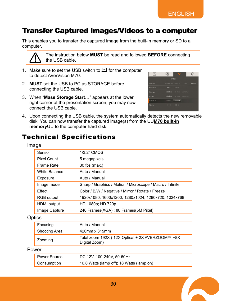 Transfer captured images/videos to a computer, Technical specifications, Image | Optics, Power | AVer M70 User Manual | Page 35 / 45