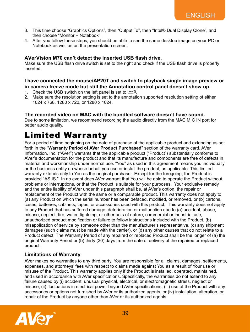 Limited warranty, Li i, English | AVer M70 User Manual | Page 44 / 45