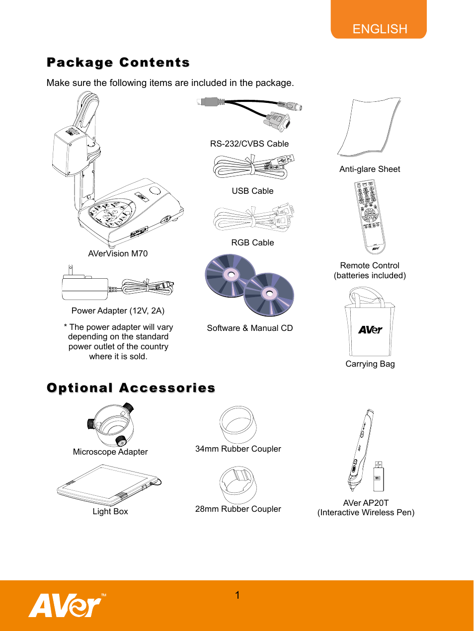 Package contents, Optional accessories | AVer M70 User Manual | Page 6 / 45