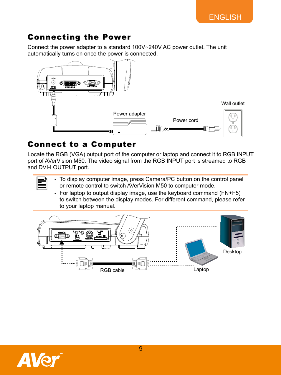 Connecting the power, Connect to a computer | AVer M50(355AF) user manual User Manual | Page 14 / 43
