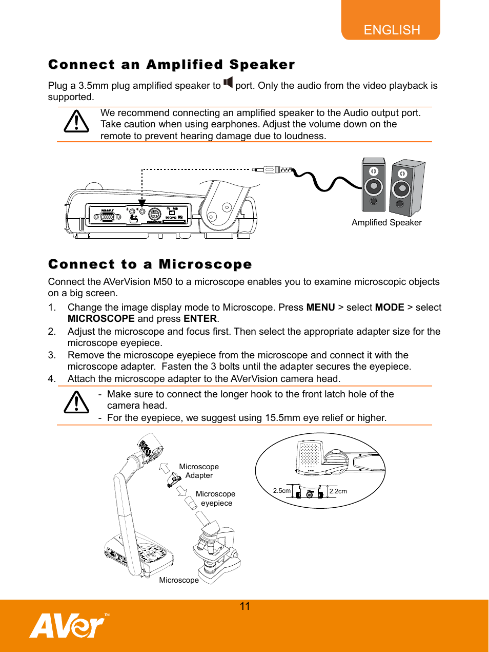 Connect an amplified speaker, Connect to a microscope | AVer M50(355AF) user manual User Manual | Page 16 / 43