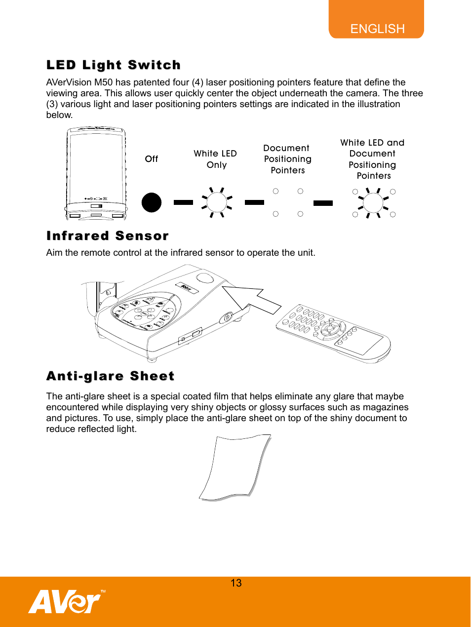 Led light switch, Infrared sensor, Anti-glare sheet | AVer M50(355AF) user manual User Manual | Page 18 / 43