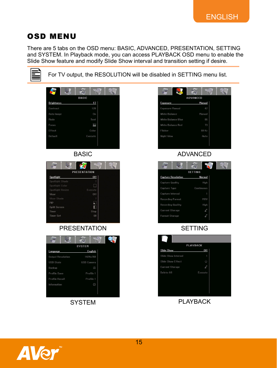 Osd menu | AVer M50(355AF) user manual User Manual | Page 20 / 43