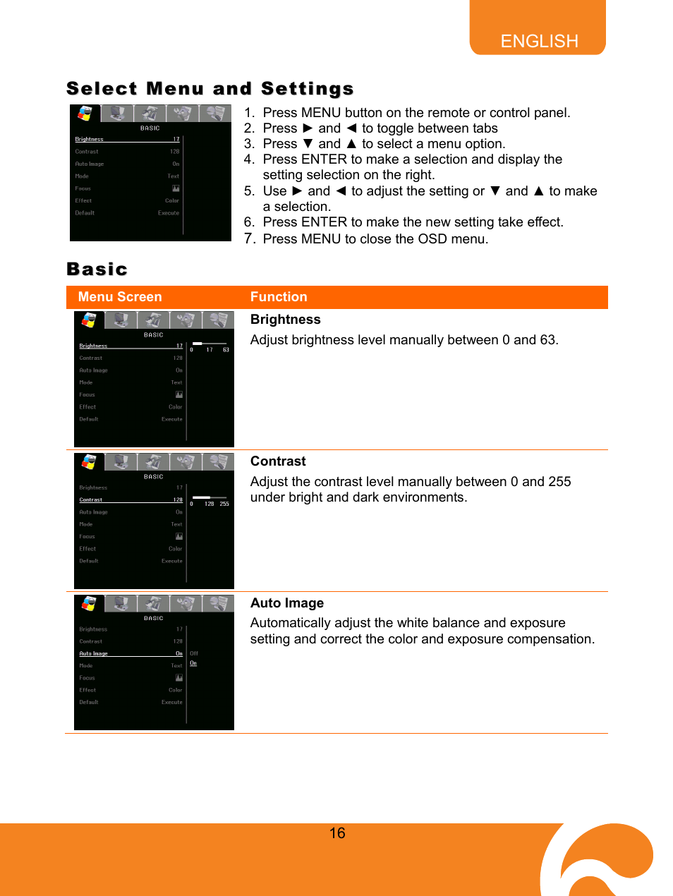 Select menu and settings, Basic, 46bbrightness | 47bcontrast, 48bauto image, Brightness, Contrast, Auto image | AVer M50(355AF) user manual User Manual | Page 21 / 43