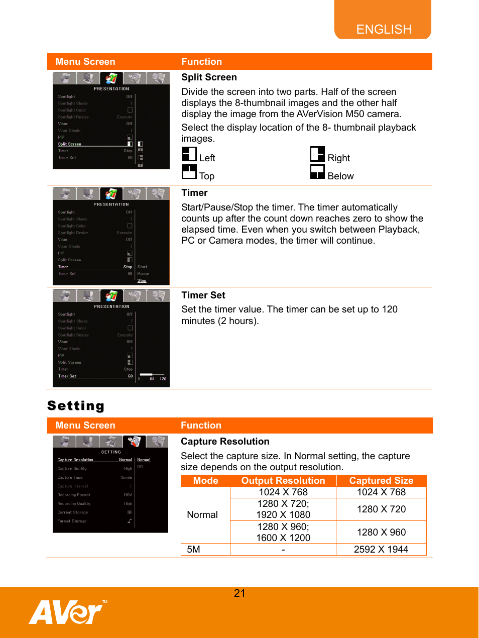 63bsplit screen, 64btimer, 65btimer set | Setting, 66bcapture resolution, Split screen, Timer, Timer set, Capture resolution, English | AVer M50(355AF) user manual User Manual | Page 26 / 43