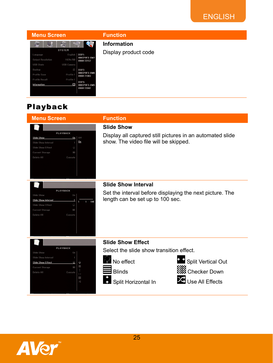 80binformation, Playback, 81bslide show | 82bslide show interval, 83bslide show effect, Information, Slide show, Slide show interval, Slide show effect | AVer M50(355AF) user manual User Manual | Page 30 / 43